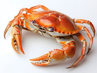 A cooked blue crab with its bright orange shell, resting on a pure white background