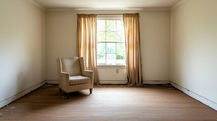 Empty living room in an abandoned house, with torn curtains and a dusty old armchair facing a broken window   abandoned living room, silent decay