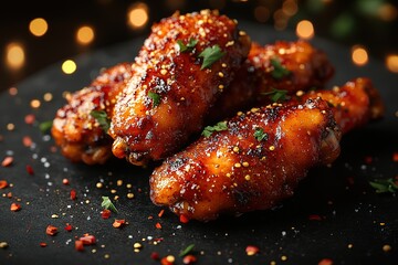 A plate of four chicken wings with a sprinkle of pepper and parsley