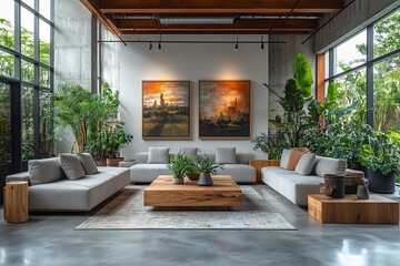 Wall Mural - A large living room with a white couch and a coffee table