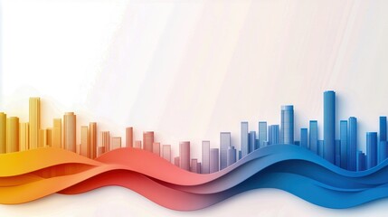 Colorful city skyline with wave pattern, modern style, suitable for background design.