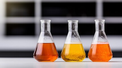 Three laboratory flasks with colorful liquids on a neutral background.