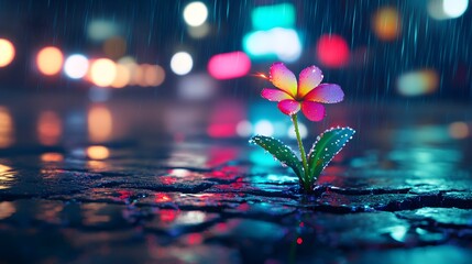 20. Flower sprouting from cracks on a rainy night neon colors glowing in the reflections