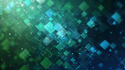 Fototapete - Abstract tech background featuring overlapping layers of transparent blue and green data grids with floating geometric shapes and binary code. cyber tech wallpaper