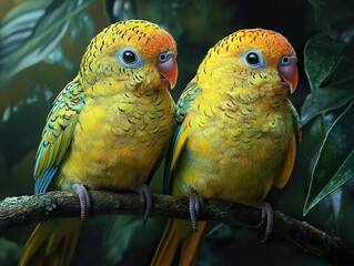 Poster - Two Vibrant Parrots Perched on a Branch in a Lush Tropical Setting