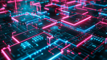 Poster - futuristic digital landscape with glowing neon circuits and holographic data streams, set against a 