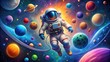 © Supittra - Colorful Cartoon Astronaut Floating in Space with Planets and Stars Surrounding the Cosmic Scene