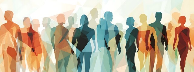 Poster - Silhouettes of people in a group, abstract, colorful, polygonal, design.