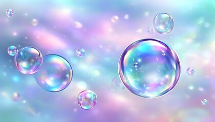 Wall Mural - Whimsical Iridescent Soap Bubbles Dancing Against a Soft Pastel Sky