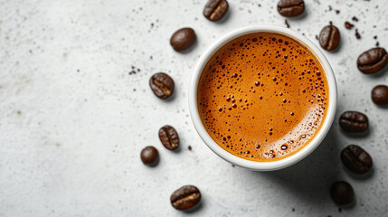 
Hot espresso and coffee bean on white table