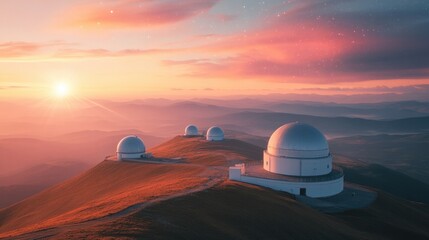 Wall Mural - a beautiful sunset view of an observatory on a hill, with telescopes lined up, ready for the evening