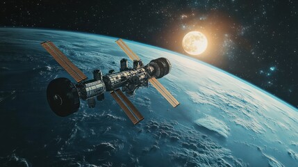 Wall Mural - a beautiful view of a space station illuminated by sunlight during a full moon night, showcasing its