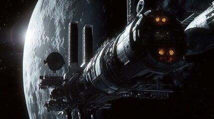 Wall Mural - a beautiful view of a space station illuminated by sunlight during a full moon night, showcasing its