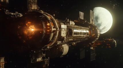 Wall Mural - a beautiful view of a space station illuminated by sunlight during a full moon night, showcasing its