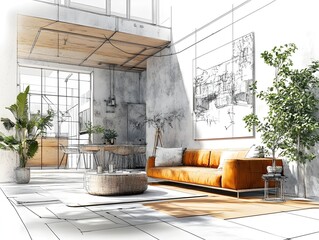 Aufkleber - Modern Living Room Interior with Sketch Art Elements
