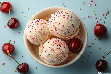 A bowl of ice cream with sprinkles and cherries on top