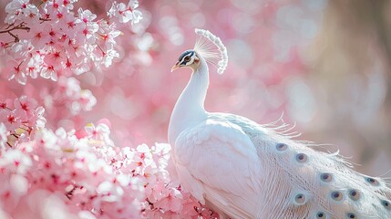 A white peacock with gorgeous tail feathers stands in front of pink cherry blossoms. The background is blurred, in a photo-realistic style. The scenery