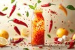 © Graph Squad - A bottle of hot sauce is surrounded by a variety of peppers and citrus fruits