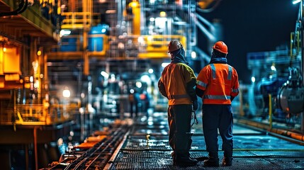 Poster - Night view of engineers in protective gear standing on an offshore oil platform, the bright lights of the platform and the surrounding sea highlighting their work environment