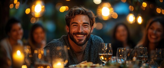 Happy Man Enjoying a Meal with Friends