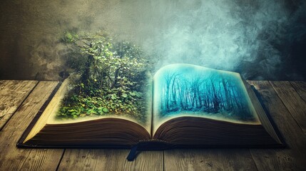 Wall Mural - An open book with pages turning, where one side of the book has imagery representing fears and limiting beliefs (e.g., dark forests, chains),