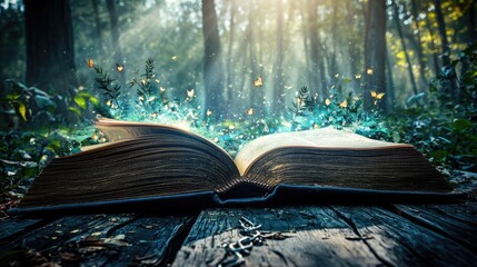 Wall Mural - An open book with pages turning, where one side of the book has imagery representing fears and limiting beliefs (e.g., dark forests, chains)
