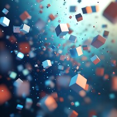 Fototapete - Abstract 3d rendering of chaotic cubes. Flying shapes in empty space. Dynamic background with bokeh, depth of field effect. Design for poster, banner