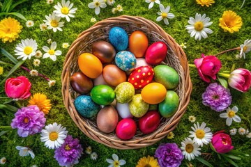 Colorful Easter Eggs Arranged in a Vintage Basket Surrounded by Fresh Spring Flowers and Grass