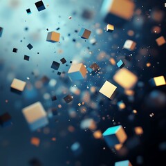 Fototapete - Abstract 3d rendering of chaotic cubes. Flying shapes in empty space. Dynamic background with bokeh, depth of field effect. Design for poster, banner
