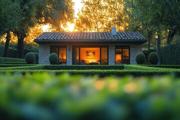 Wall Mural - A small house with a large window and a fireplace