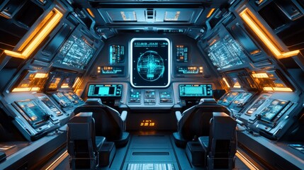 High-tech spaceship interior with glowing control panels, holographic displays, and futuristic seats for the crew