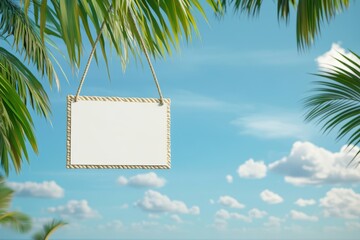 Wall Mural - A white sign hanging from a rope in the ocean