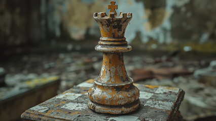 Very old Queen chess piece - chess, king, old, rusty, abandoned, chessboard, decay, urban, derelict, game, strategy, piece, ruined, weathered, brown, white, cross, chipped