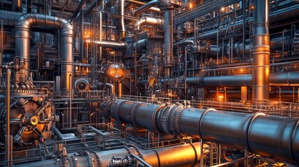 Poster - A large industrial plant with many pipes and valves
