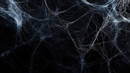 Intricate white spider webs on a black background