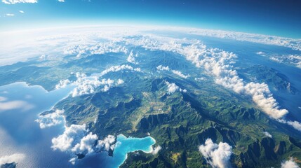 Wall Mural - a detailed view of earth land and ocean, with forests, mountains, and rivers visible beneath a layer