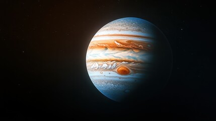Wall Mural - a distant view of jupiter from space, its massive size and colorful atmosphere glowing against the b