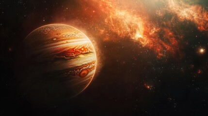Wall Mural - a distant view of jupiter from space, its massive size and colorful cloud bands glowing against the 