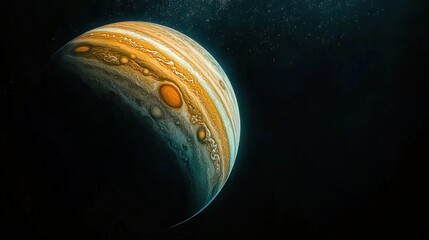 Wall Mural - a distant view of jupiter from space, its massive size and colorful atmosphere glowing against the b