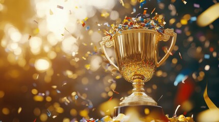 Shiny golden cup on a pedestal, confetti flying in the air and ribbons draped around, emphasizing the pride and excitement of a championship win