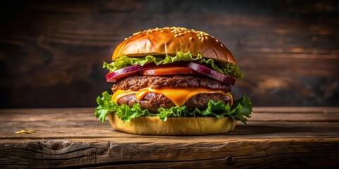 Juicy beef burger on rustic wooden table against dark background for food photography