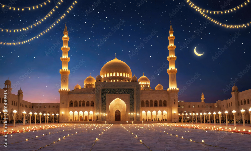 A grand mosque illuminated at night, with a crescent moon and twinkling ...