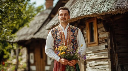 A man in a traditional Bulgarian folk costume, standing in front of a traditional wooden house with a thatched roof.