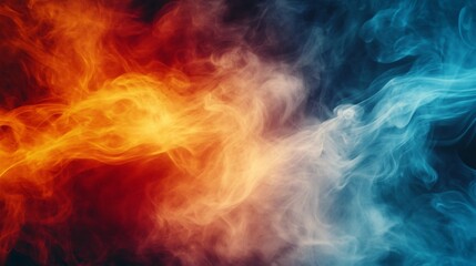 Abstract background of orange and blue smoke on black.