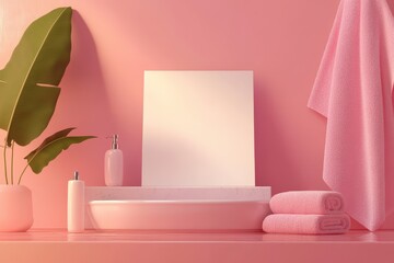 Wall Mural - A pink bathroom with a white sink and a white mirror