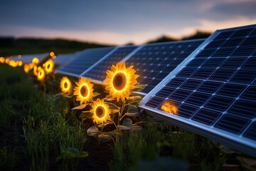 Poster - Fantasy solar farm where panels absorb energy from glowing sunflowers, casting a mystical light over a magical field of renewable energy