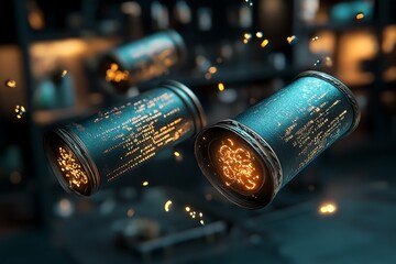 Aufkleber - Fantasy world programming visualized as enchanted scrolls with glowing, moving code floating through the air in a magical lab