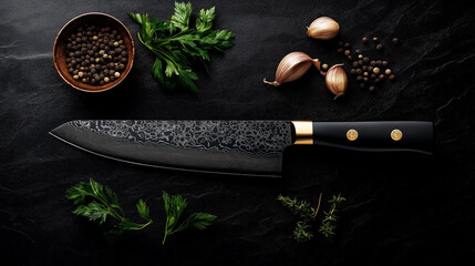 Damascus steel knife laying on a modern black countertop