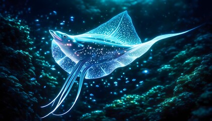 Wall Mural - Bioluminescent Ray Fish Illuminates Dazzling School of Tiny Glittering Fish, Celebrating the Ephemeral Beauty and Fleeting Essence of Life