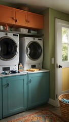 A colorful laundry room features modern appliances for efficiency.